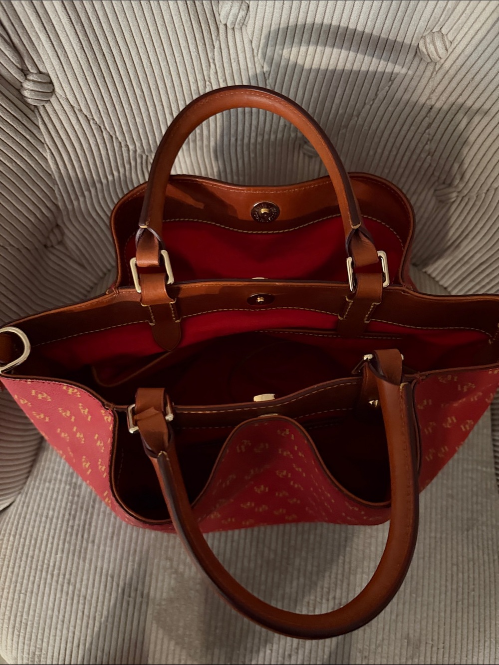 Dooney & Bourke Red Satchel with Tan Handles and Gold Plaque - Picture 5 of 5